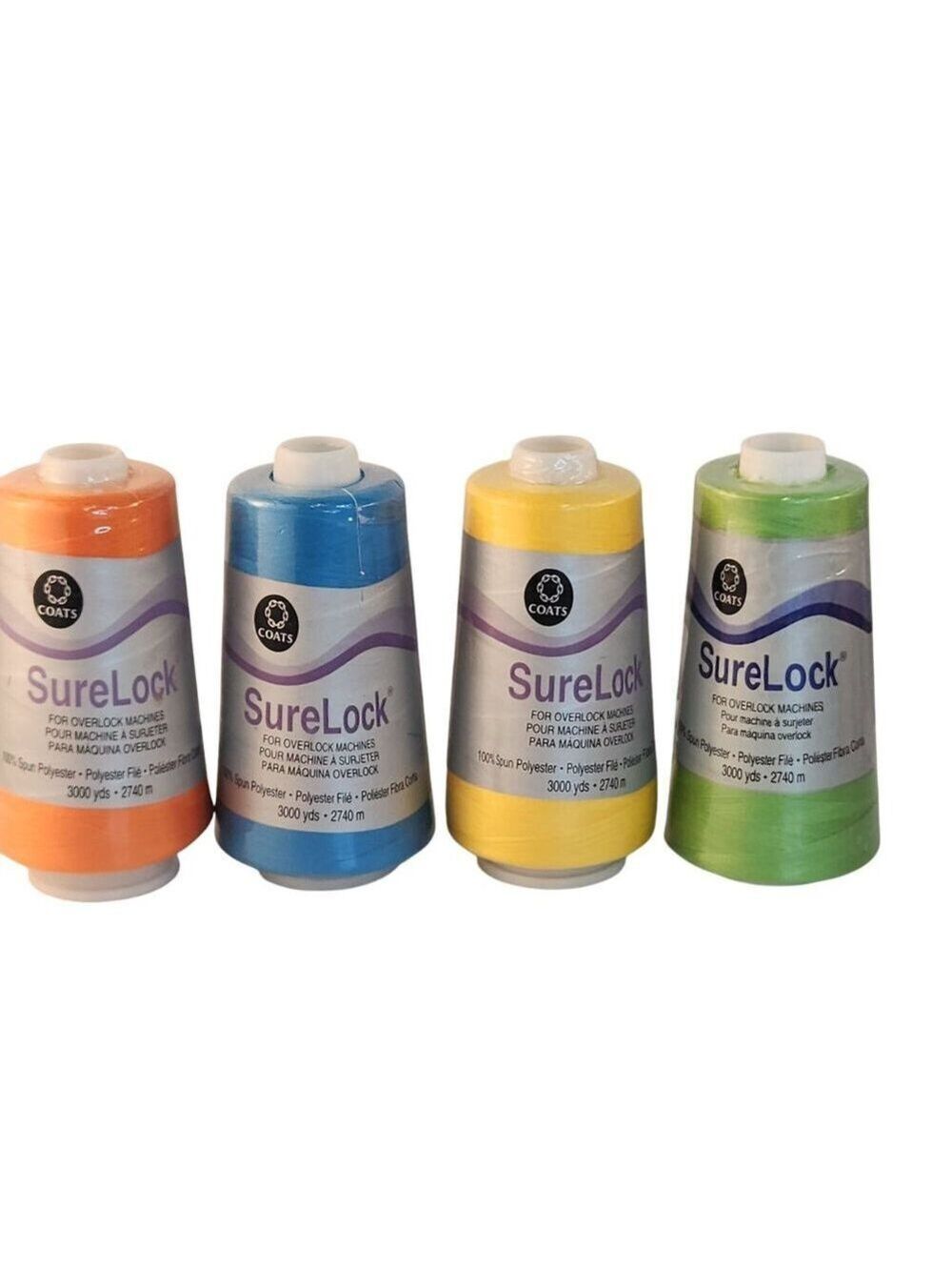 Coats SureLock Overlock Machine Thread 4-Pack 3000 Yards Each Orange Blue Yellow